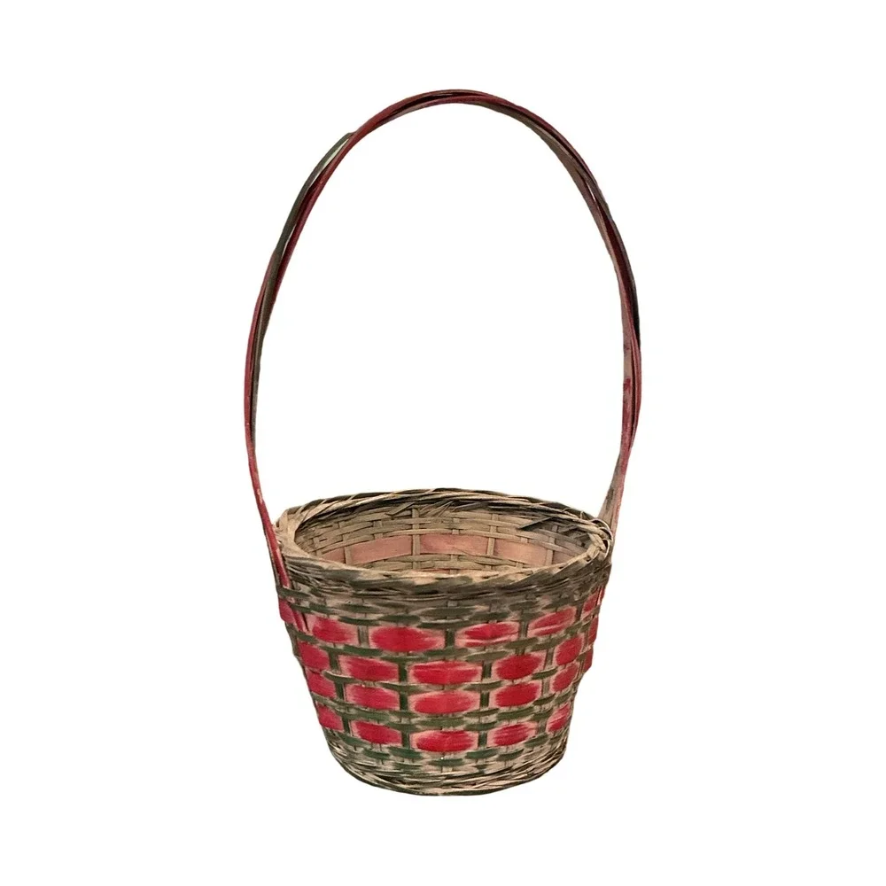 Vintage Woven Wicker Basket Red Green Small Round Handle Farmhouse Decor 10x5.5